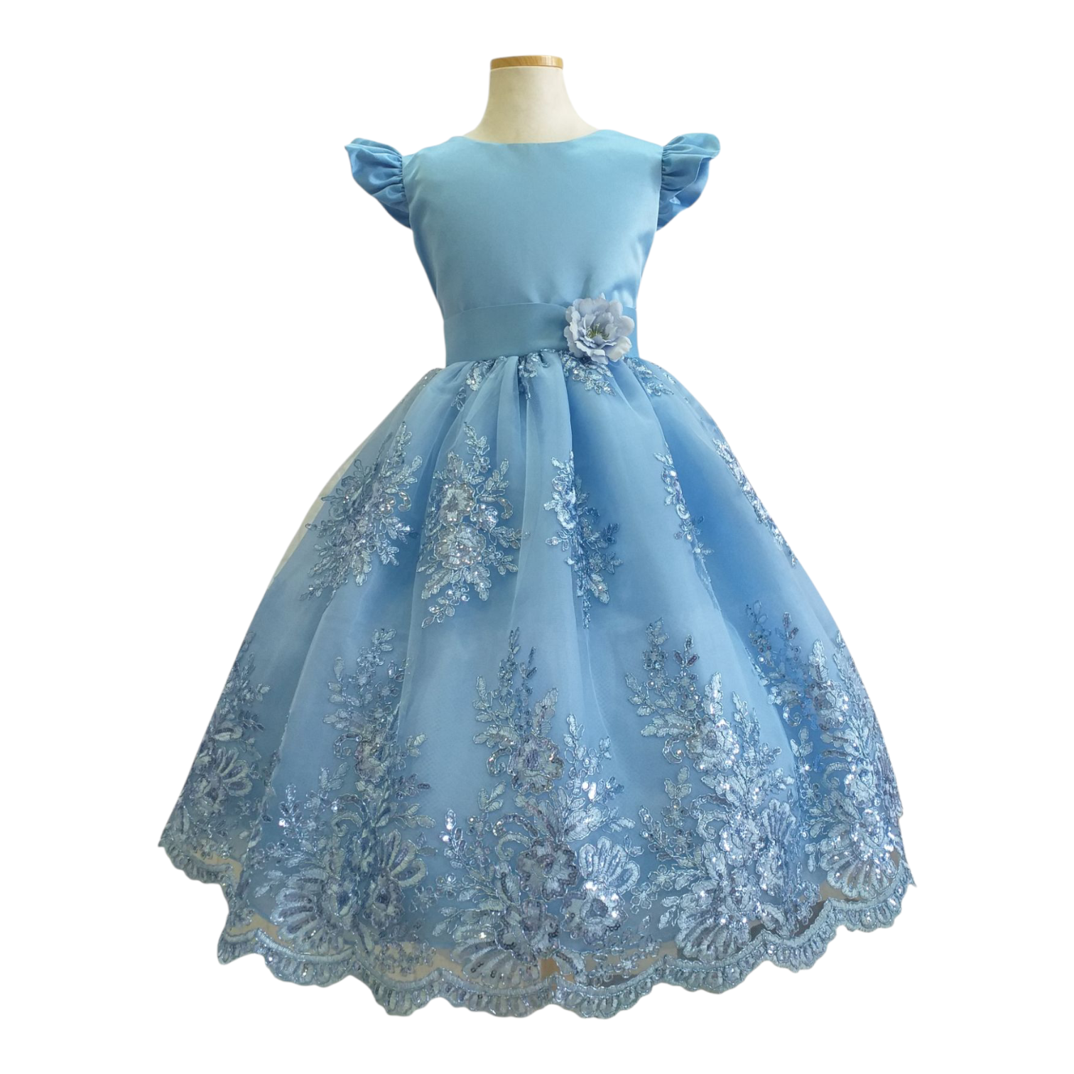 Vestido Celeste Falda Bordada