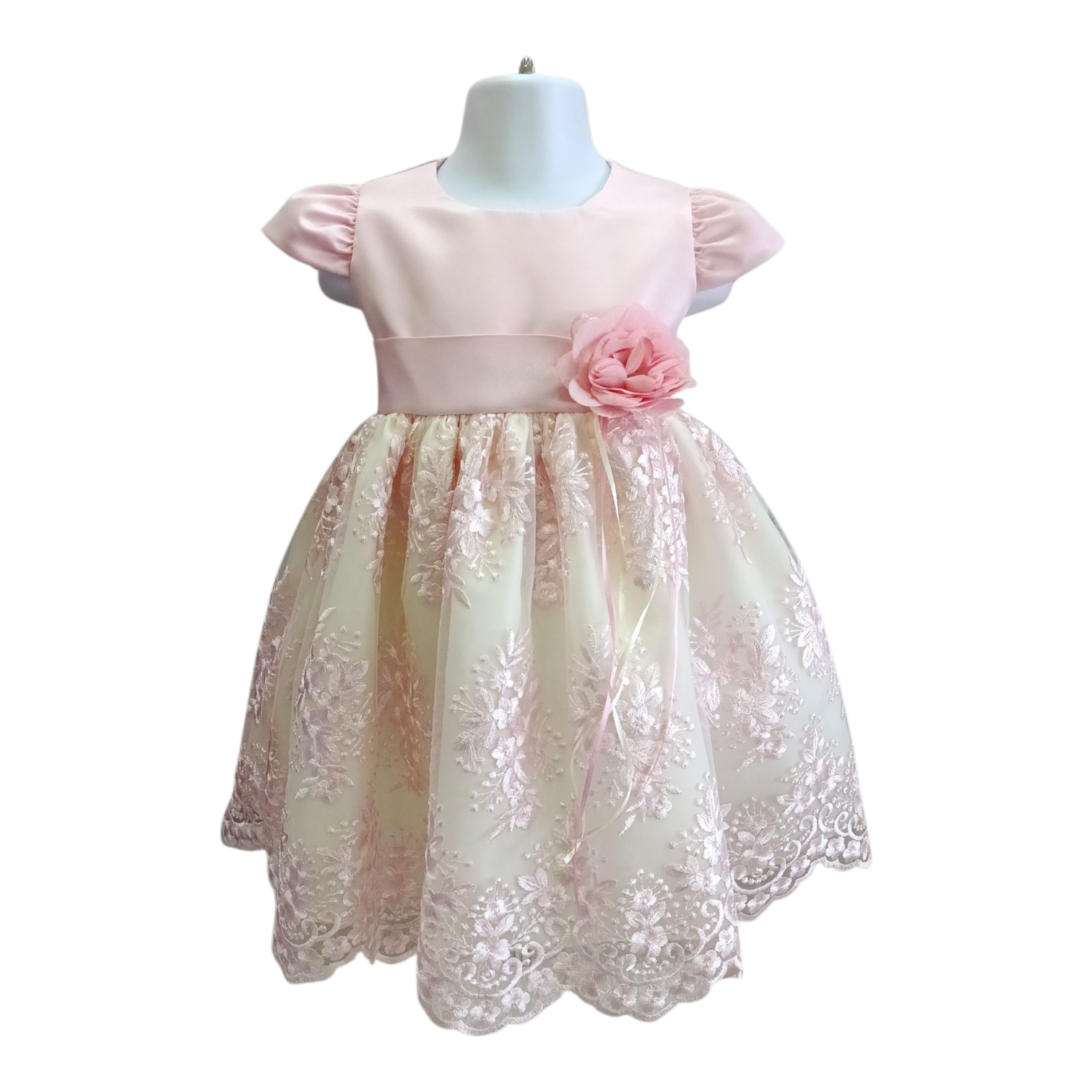 Vestido Rosa Falda Bordada