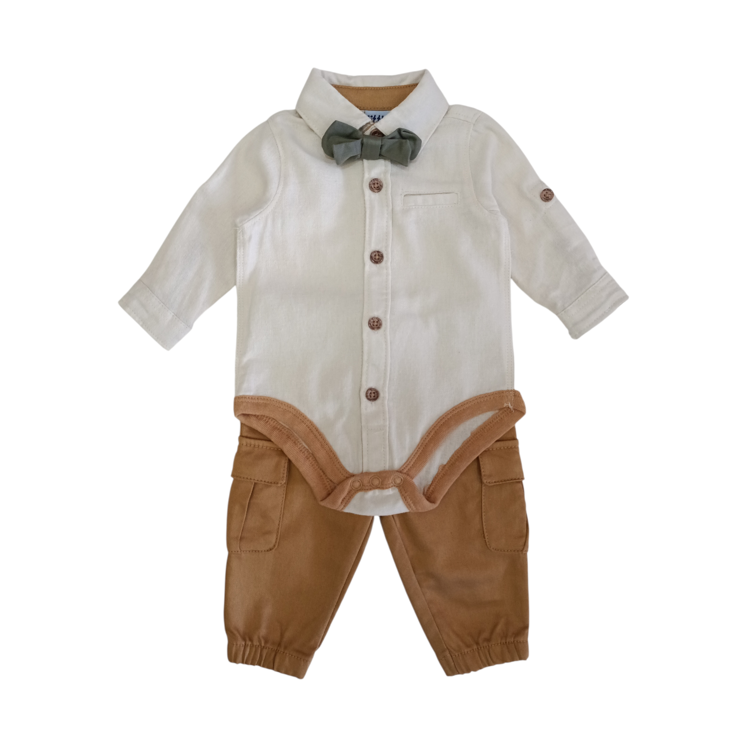 Conjunto Body Camisa Beige Corbatín Verde