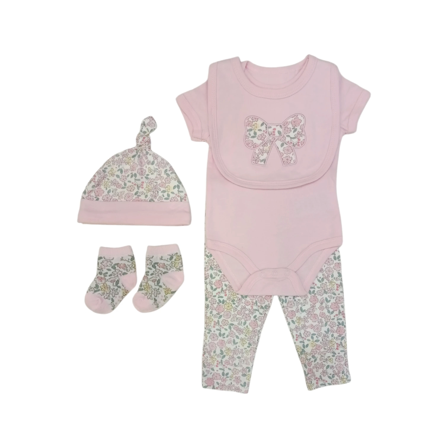 Conjunto Babero Moña Flores Rosa