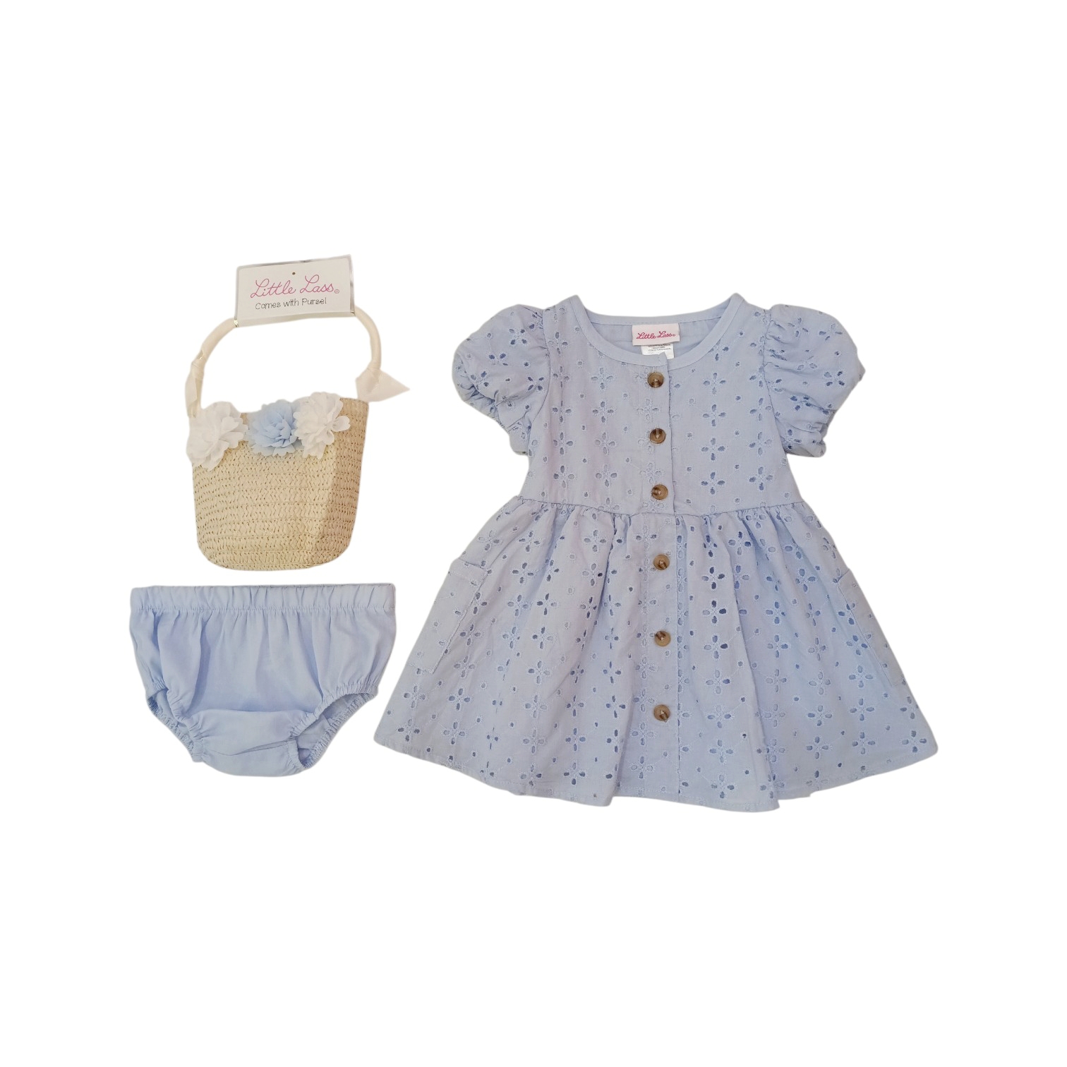 Vestido Celeste Tira Bordada C/Bolso