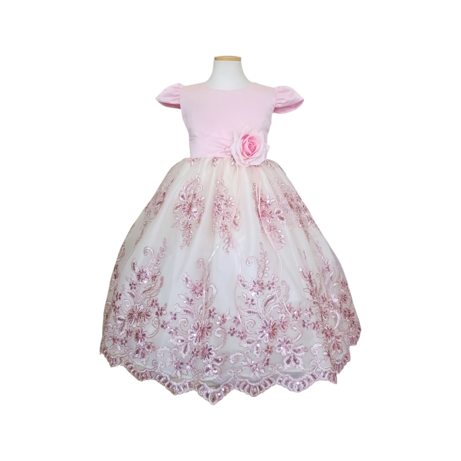 Vestido Rosado Falda Bordada