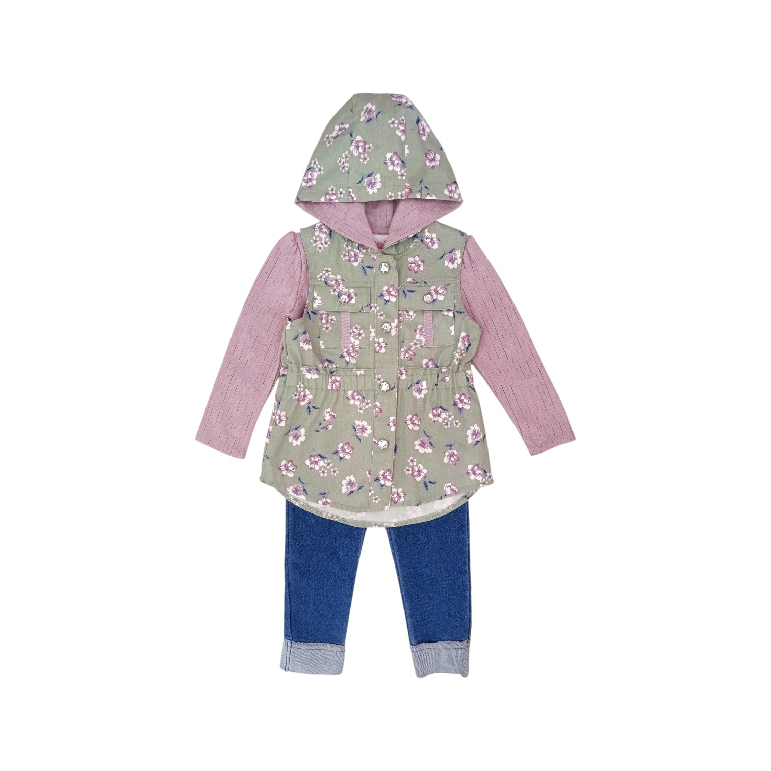 Conjunto Chaleco Verde Flores Capucha